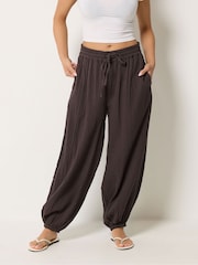 PixieGirl Petite Brown Cheesecloth Balloon Trousers - Image 2 of 6