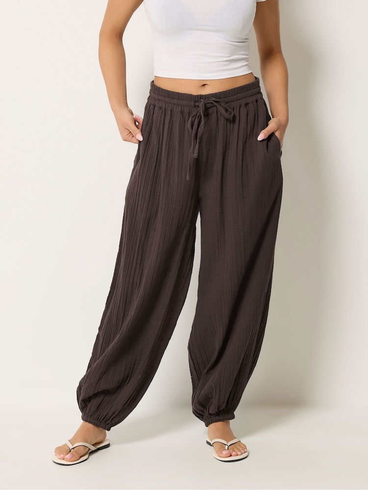 PixieGirl Petite Brown Cheesecloth Balloon Trousers - Image 2 of 6 PixieGirl Petite Brown Cheesecloth Balloon Trousers - Image 2 of 6