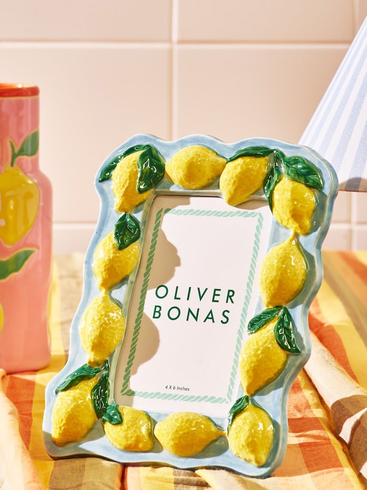 Oliver Bonas Blue Lemon Yellow Ceramic Photo Frame 6x4 - Image 2 of 4