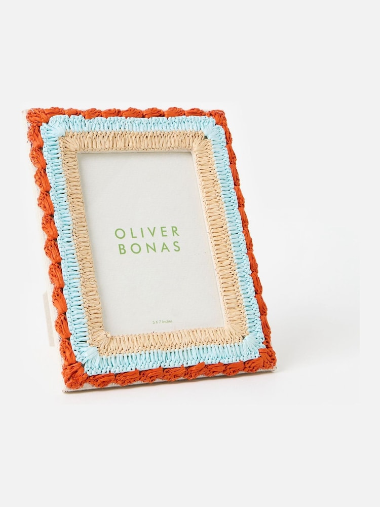 Oliver Bonas Red Burnt Orange & Blue Raffia Photo Frame 5x7 - Image 1 of 4