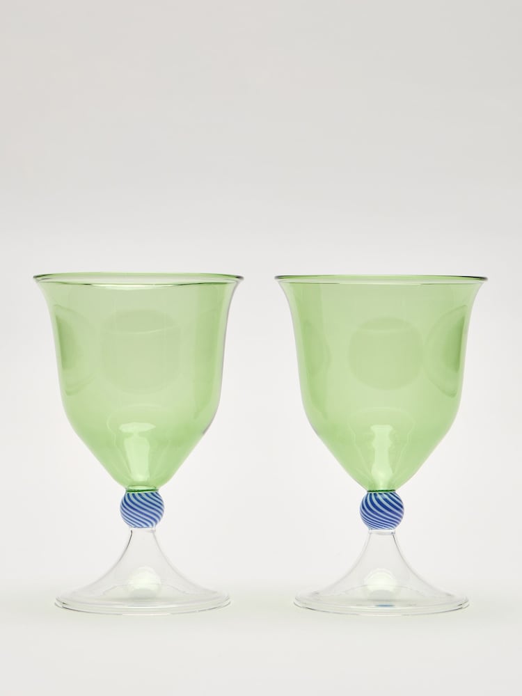 Oliver Bonas Set of 2 Green Olleta Swirl Wine Glasses - Image 1 of 6