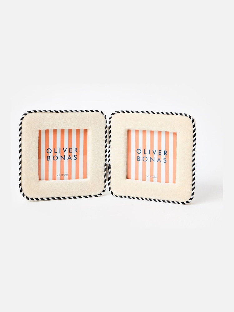 Oliver Bonas White Dulce Cream Velvet Double Photo Frame 4x4 - Image 1 of 4