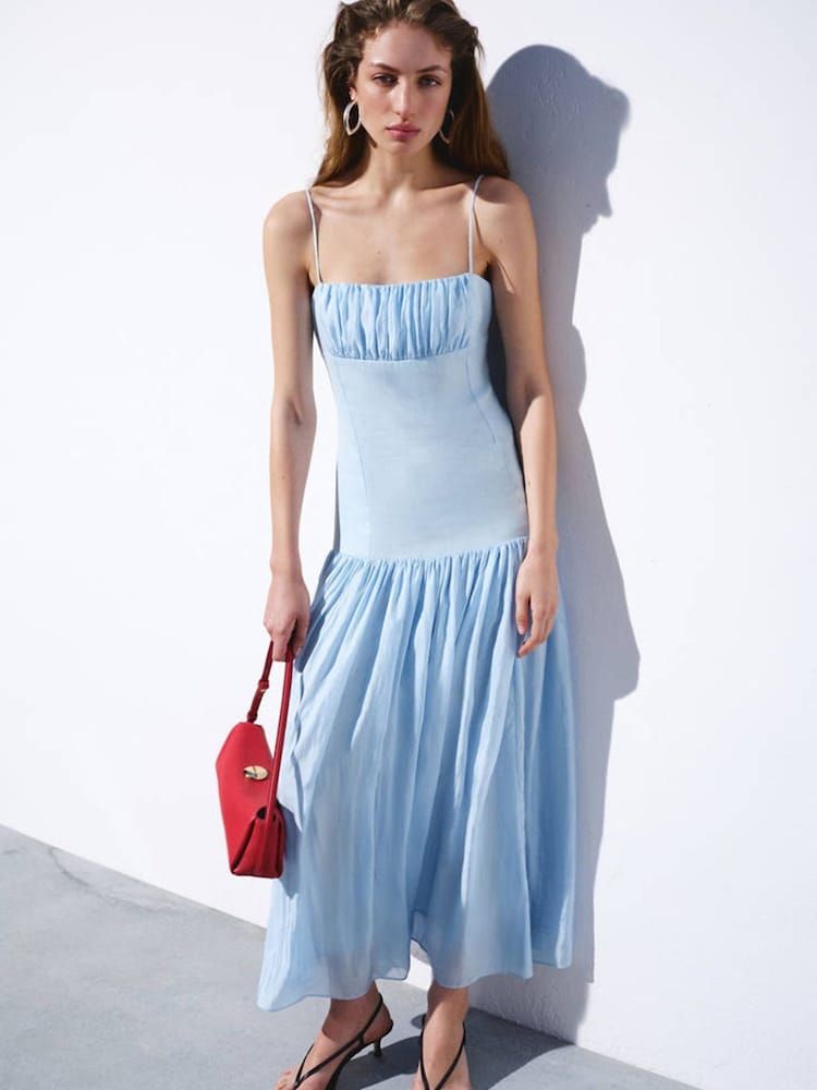 Mango Blue Strappy Ruched Detail Midi Dress - Image 1 of 7