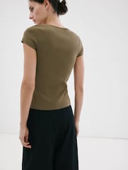 Mango Brown Short Sleeve Button Detail Top - Image 3 of 7