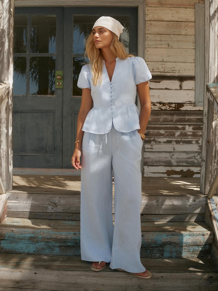 Mint Velvet Sky Blue Linen Drawstring Wide Leg Trousers - Image 1 of 6 Mint Velvet Sky Blue Linen Drawstring Wide Leg Trousers - Image 1 of 6