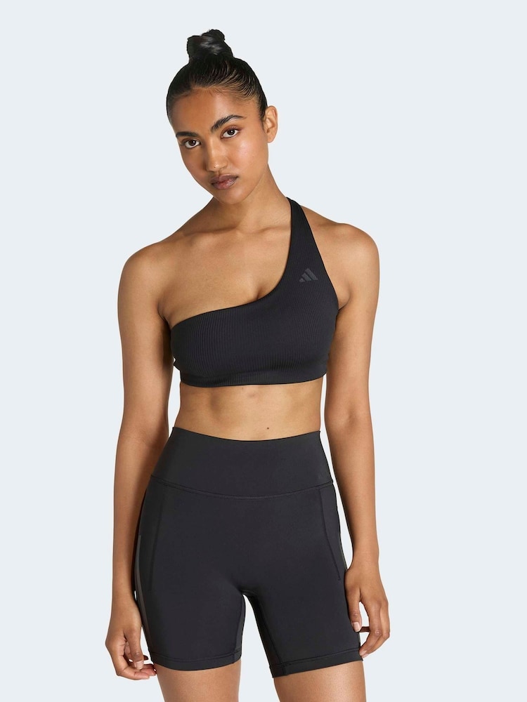 adidas Black Optime Workout Rib One Shoulder Light Support Bra - Image 1 of 6