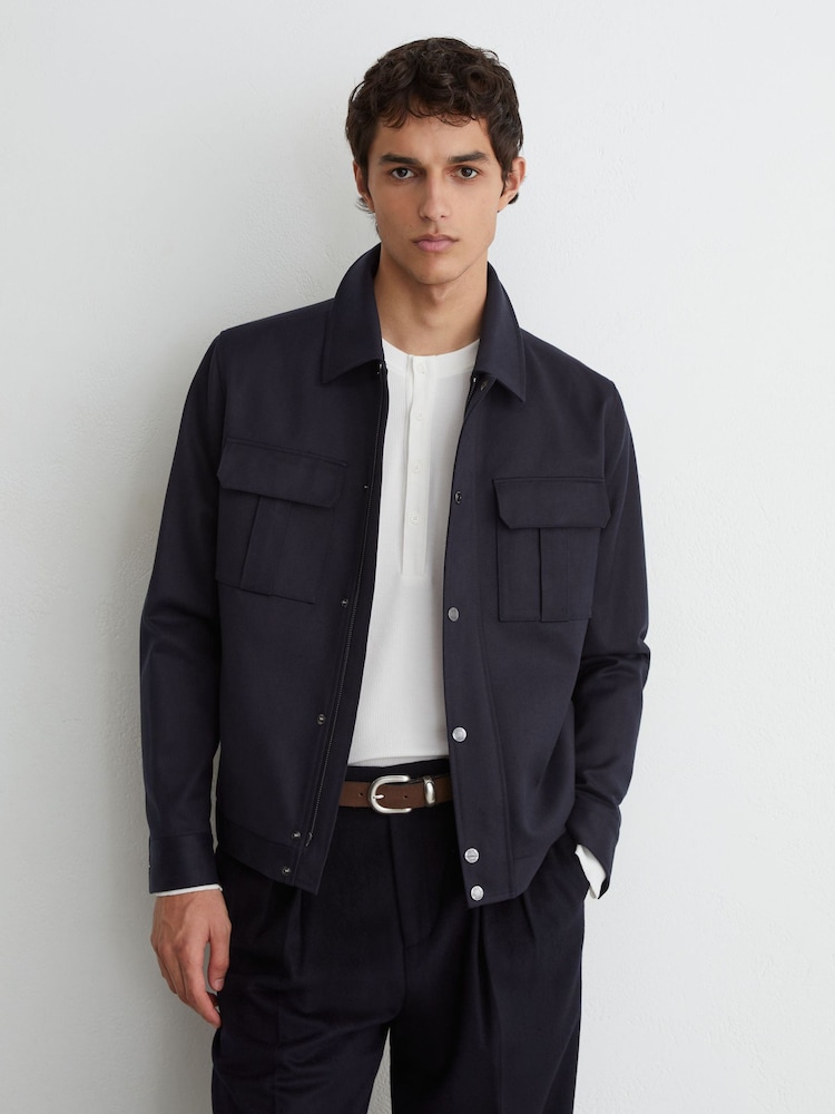 Reiss Navy Americas Lyocell-Cotton Twill Bomber Jacket - Image 1 of 7 Reiss Navy Americas Lyocell-Cotton Twill Bomber Jacket - Image 1 of 7
