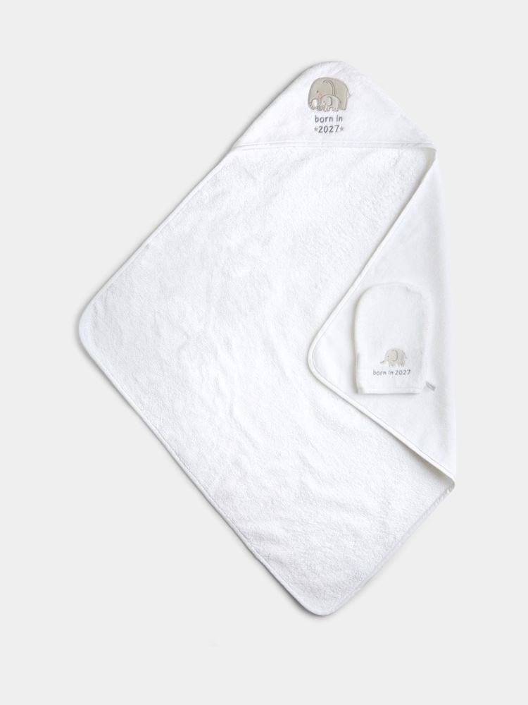 JoJo Maman Bébé Light Grey Born in 2027 Hooded Towel & Wash Mitt - Image 1 of 6 JoJo Maman Bébé Light Grey Born in 2027 Hooded Towel & Wash Mitt - Image 1 of 6