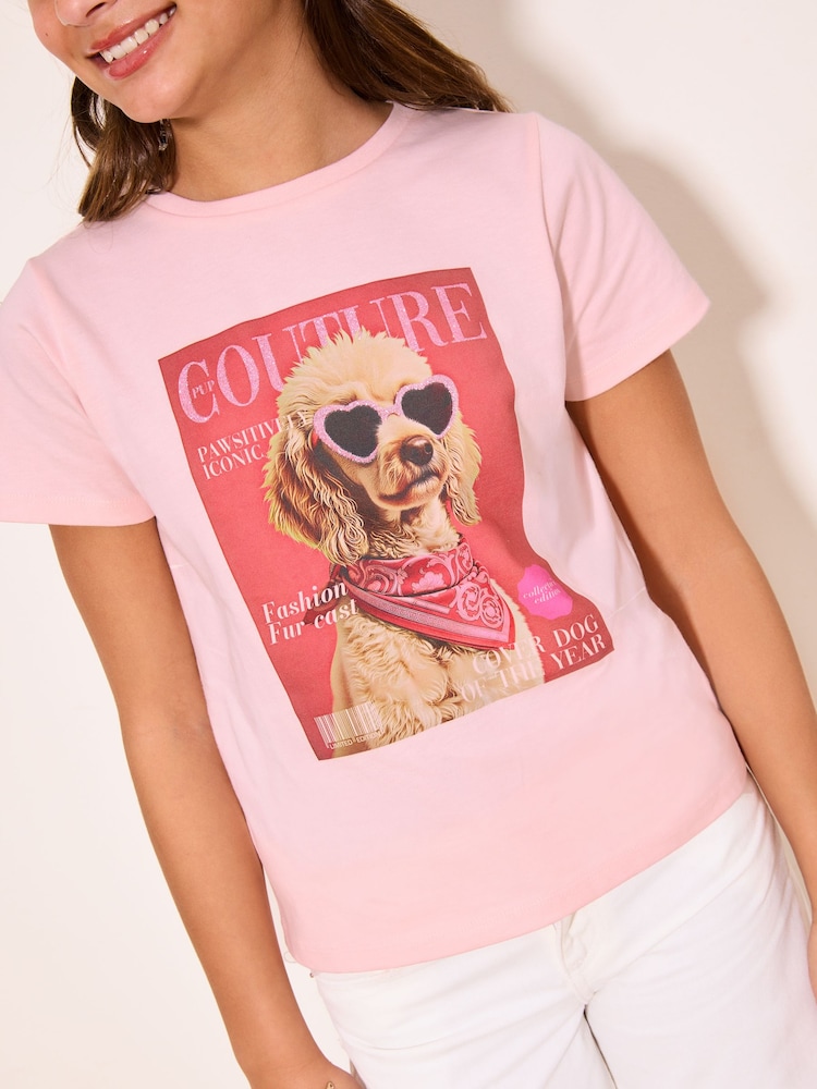 Lipsy Pink Dog Graphic T-Shirt (5-16yrs) - Image 1 of 5