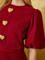 Love & Roses Red Tailored Heart Button Puff Sleeve Velvet Mini Dress - Image 2 of 4