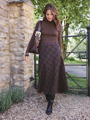 Love & Roses x Binky Chocolate Brown Check Midi Skirt - Image 1 of 4