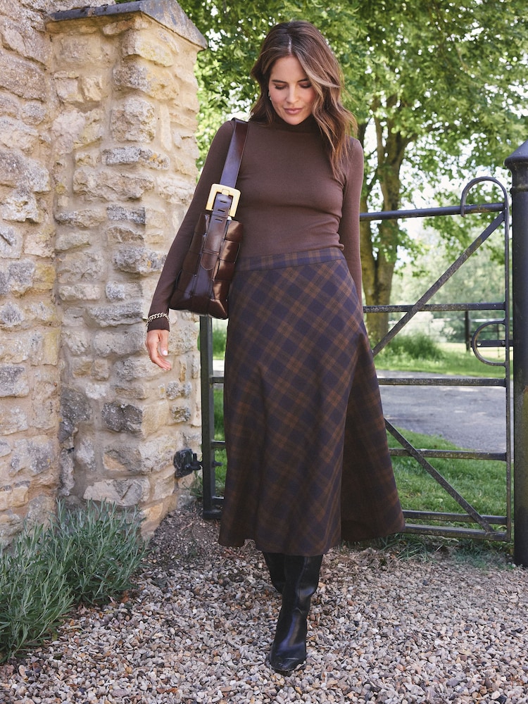 Love & Roses x Binky Chocolate Brown Check Midi Skirt - Image 1 of 4