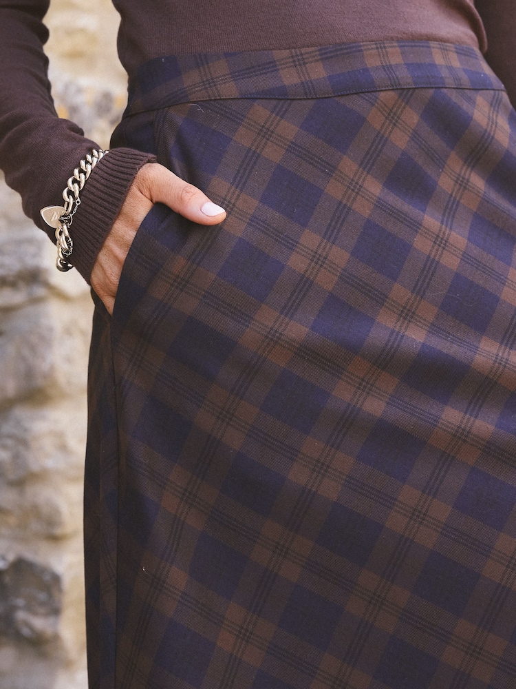 Love & Roses x Binky Chocolate Brown Check Midi Skirt - Image 2 of 4