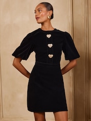 Love & Roses Black Tailored Heart Button Puff Sleeve Velvet Mini Dress - Image 1 of 6