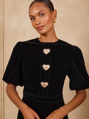 Love & Roses Black Tailored Heart Button Puff Sleeve Velvet Mini Dress - Image 2 of 6