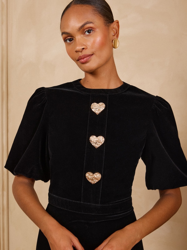 Love & Roses Black Tailored Heart Button Puff Sleeve Velvet Mini Dress - Image 2 of 6 Love & Roses Black Tailored Heart Button Puff Sleeve Velvet Mini Dress - Image 2 of 6