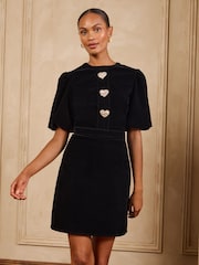 Love & Roses Black Tailored Heart Button Puff Sleeve Velvet Mini Dress - Image 5 of 6