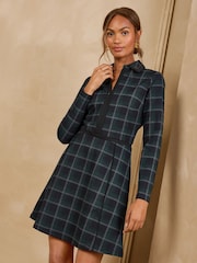 Love & Roses Black Collared Check Ponte Long Sleeve Mini Dress - Image 1 of 5