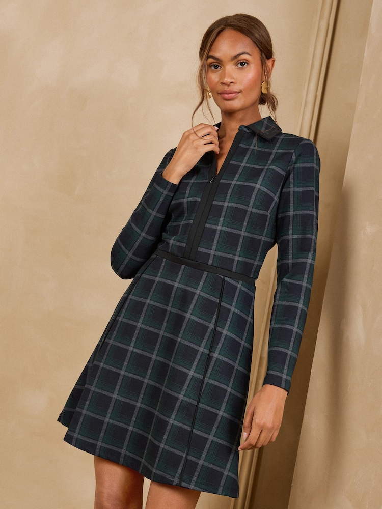 Love & Roses Black Collared Check Ponte Long Sleeve Mini Dress - Image 1 of 5