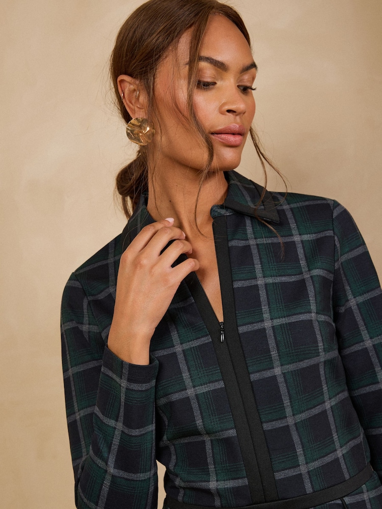 Love & Roses Black Collared Check Ponte Long Sleeve Mini Dress - Image 2 of 5