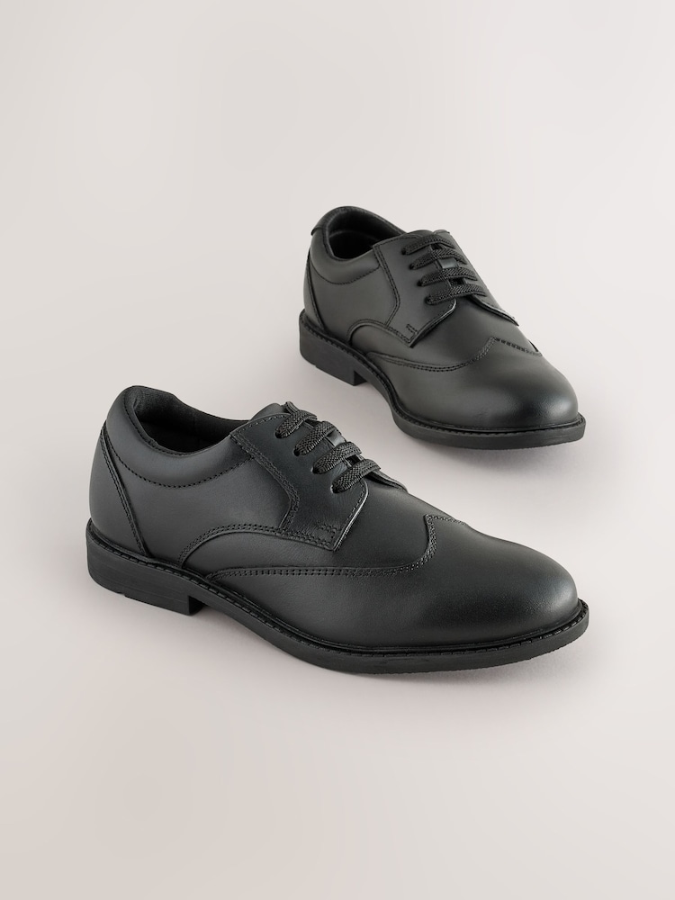 Black Smart Leather Elastic Lace School Shoes - Image 1 of 5