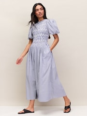 Ro&Zo Blue Petite Cotton Shirred Bodice Dress - Image 1 of 6