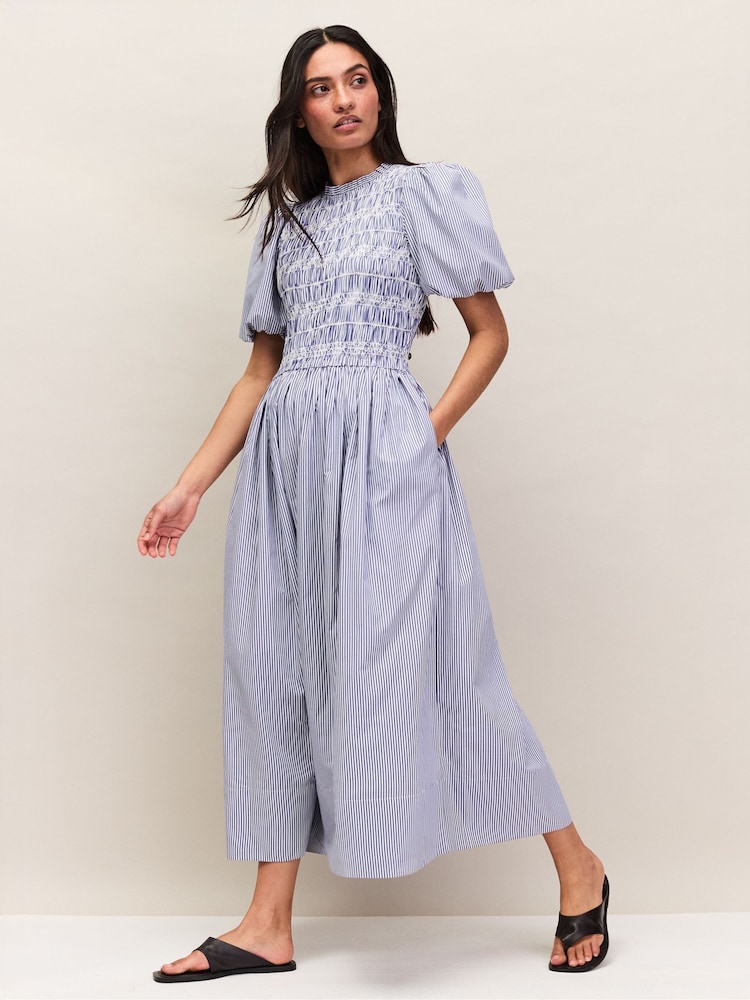 Ro&Zo Blue Petite Cotton Shirred Bodice Dress - Image 1 of 6