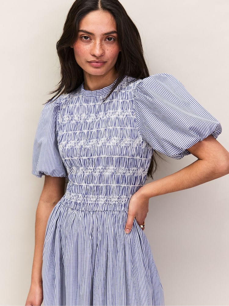 Ro&Zo Blue Petite Cotton Shirred Bodice Dress - Image 2 of 6