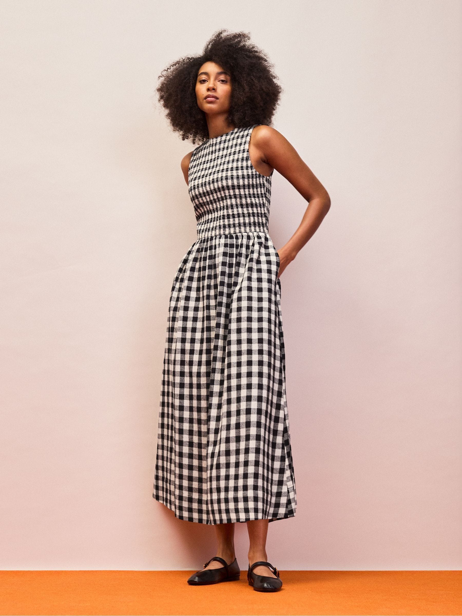 Buy Ro&Zo Black Petite Gingham Shirred Racer Dress With Linen from