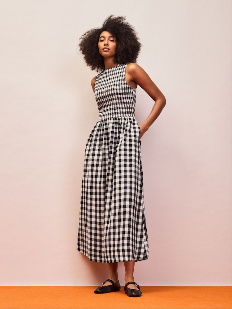 Ro&Zo Black Petite Gingham Shirred Racer Dress With Linen - Image 1 of 4