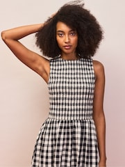 Ro&Zo Black Petite Gingham Shirred Racer Dress With Linen - Image 3 of 4