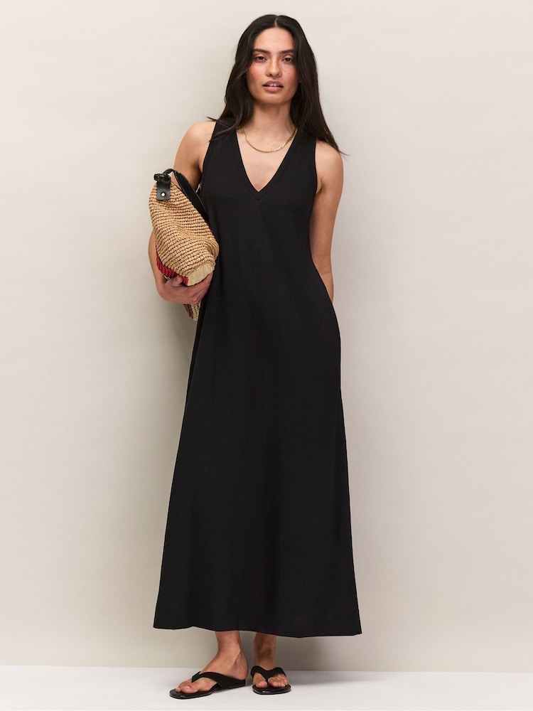 Ro&Zo Black Slub Jersey V-Neck Midi Dress - Image 1 of 4