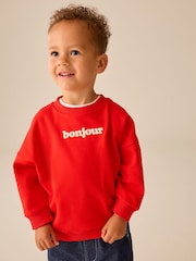 Red Bonjour Slogan Printed Crew Neck Sweat Top (3mths-7yrs) - Image 1 of 4