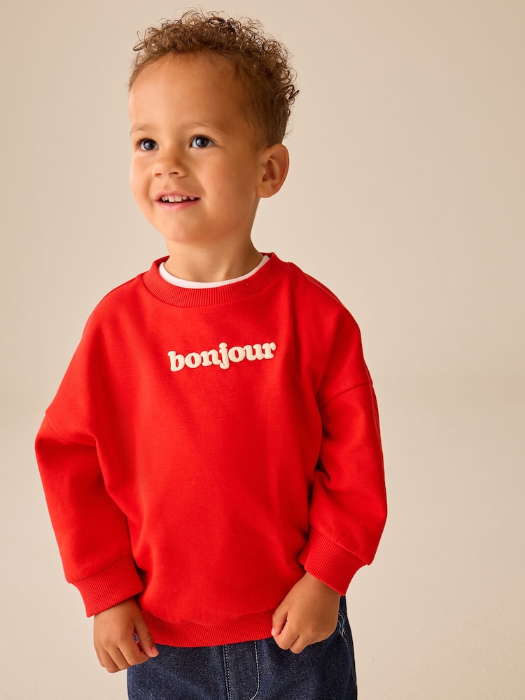 Red Bonjour Slogan Printed Crew Neck Sweat Top (3mths-7yrs) - Image 1 of 4