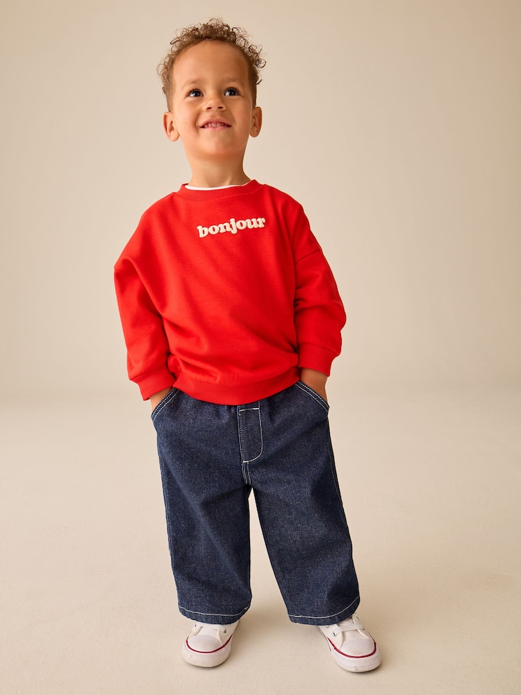 Red Bonjour Slogan Printed Crew Neck Sweat Top (3mths-7yrs) - Image 2 of 4
