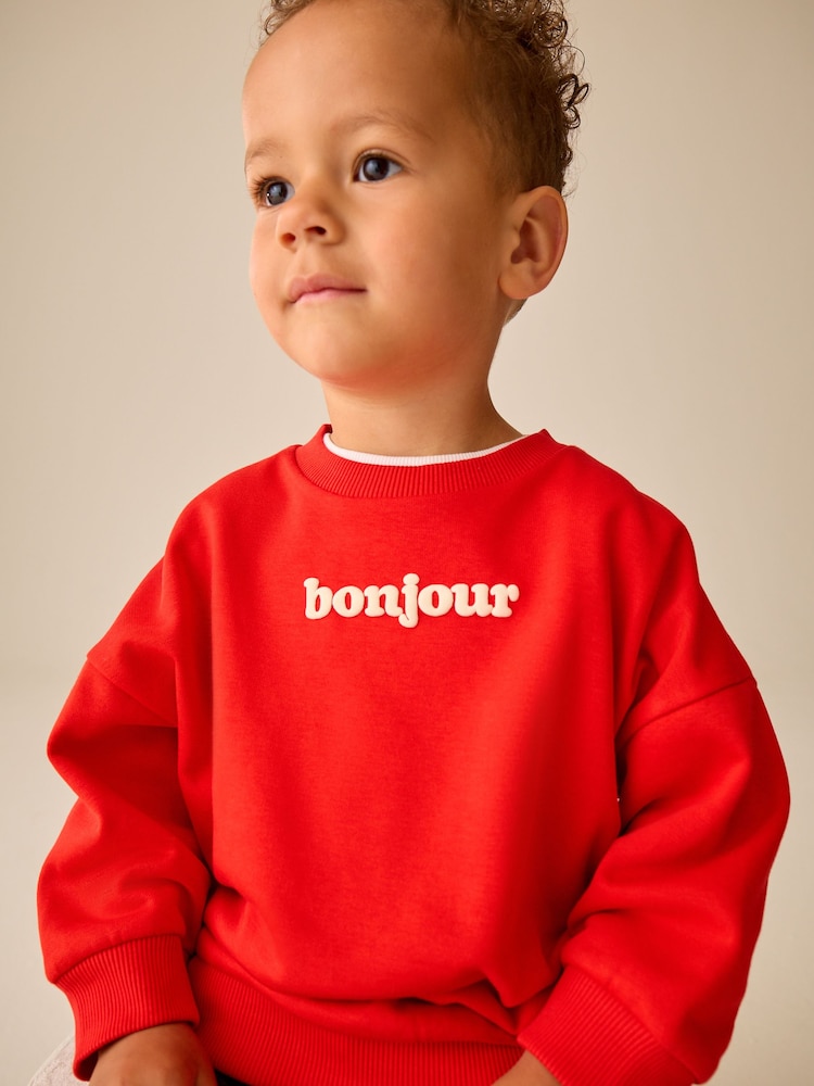 Red Bonjour Slogan Printed Crew Neck Sweat Top (3mths-7yrs) - Image 4 of 4