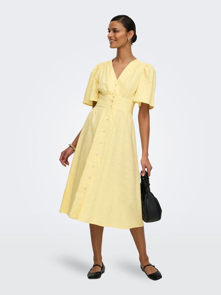 butter yellow midi dress with sleeves Butter Yellow Tula Midi Dress