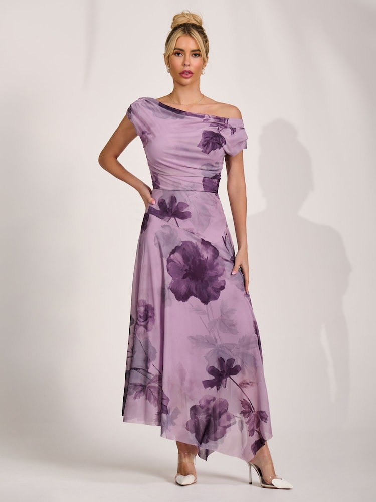 أرجواني فاتح - Jolie Moi Asymmetrical Draped Mesh Maxi Dress - Image 1 of 6