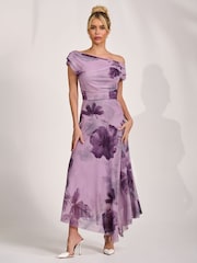 أرجواني فاتح - Jolie Moi Asymmetrical Draped Mesh Maxi Dress - Image 4 of 6