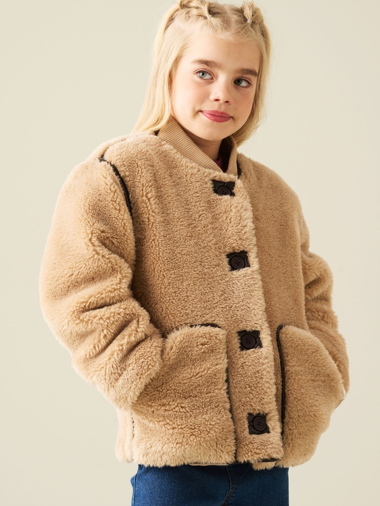 Angel & Rocket Brown Juniper Faux Leather Trim Bomber Jacket - Image 1 of 4 Angel & Rocket Brown Juniper Faux Leather Trim Bomber Jacket - Image 1 of 4