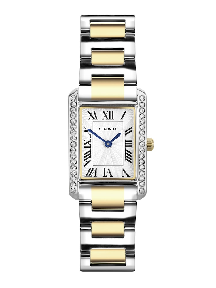 Sekonda Silver Plated Colette 22mm Rectangular Analogue Watch with Two Tone Bracelet - Image 1 of 5