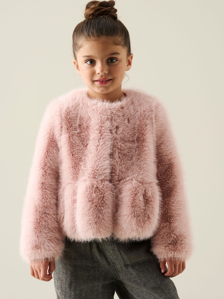 Angel & Rocket Pink Paula Peplum Fur Jacket - Image 1 of 3 Angel & Rocket Pink Paula Peplum Fur Jacket - Image 1 of 3