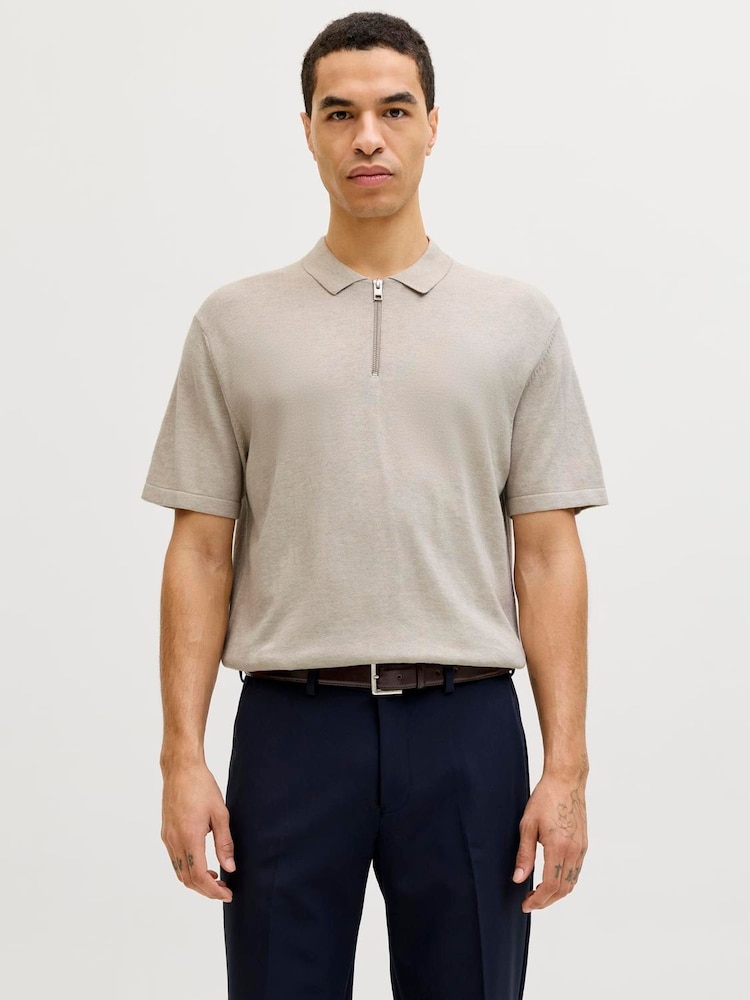 JACK & JONES Grey Regular Fit Knit Zip Polo Shirt - Image 1 of 5