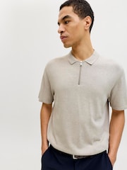 JACK & JONES Grey Regular Fit Knit Zip Polo Shirt - Image 2 of 5