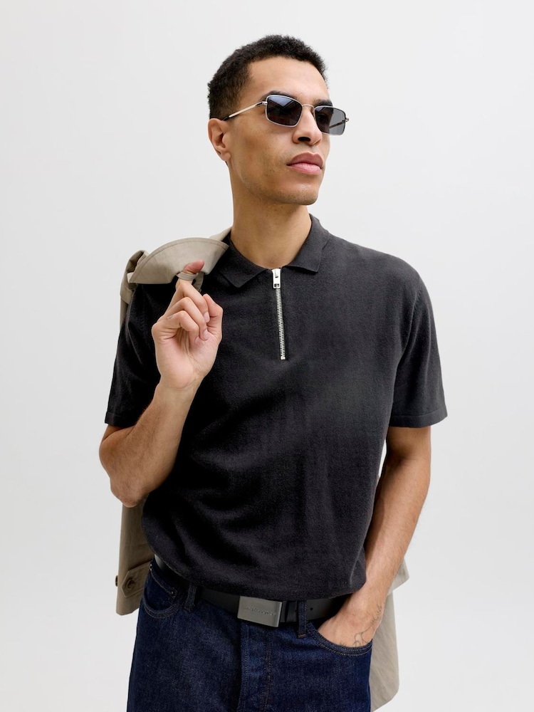 JACK & JONES Black Regular Fit Knit Zip Polo Shirt - Image 2 of 5