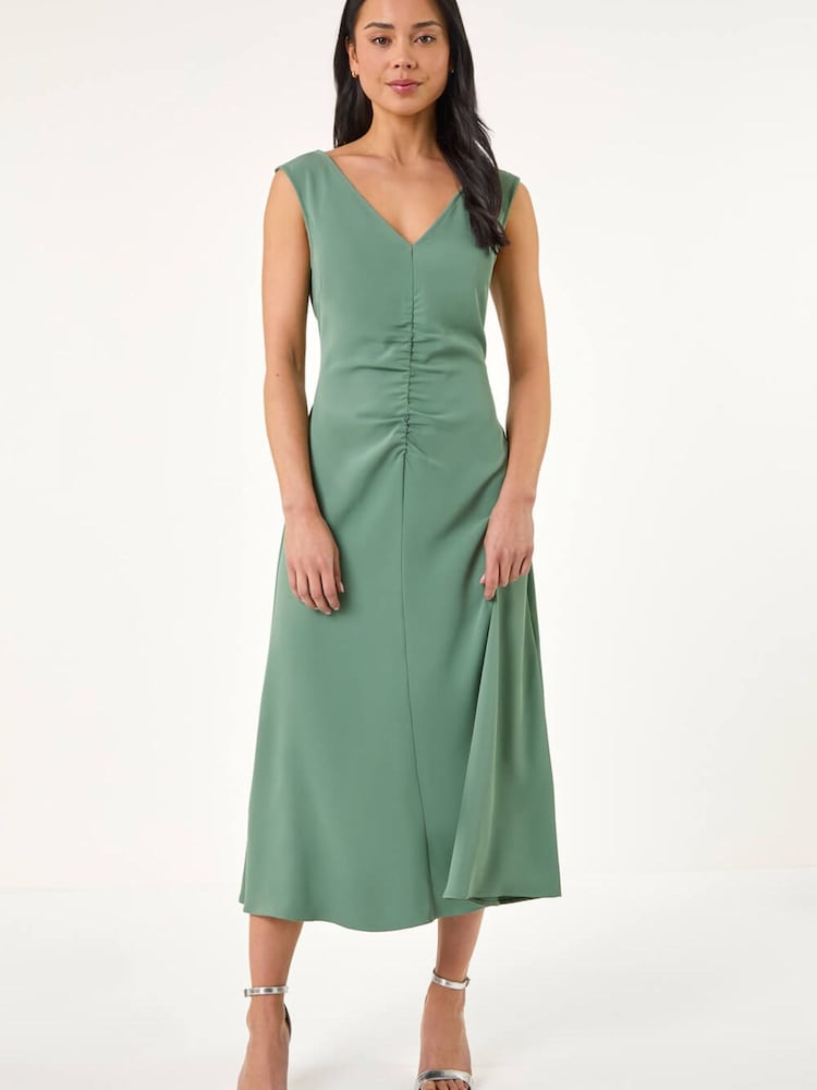 Roman Green Petite V-neck Ruched Stretch Midi Dress - Image 1 of 5