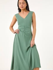 Roman Green Petite V-neck Ruched Stretch Midi Dress - Image 3 of 5