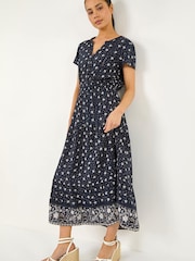 Roman Blue Petite Border Print V-Neck Dress - Image 1 of 5