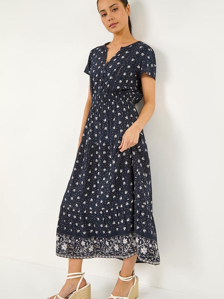 Roman Blue Petite Border Print V-Neck Dress - Image 1 of 5
