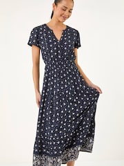 Roman Blue Petite Border Print V-Neck Dress - Image 2 of 5